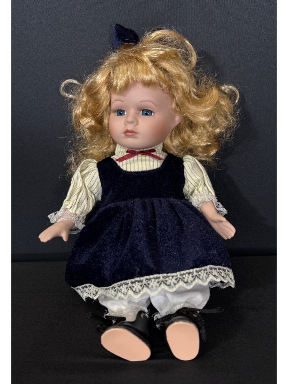 Duck House Porcelain Doll Vintage Blonde Curls Blue Velvet Lace Dress Blue Eyes